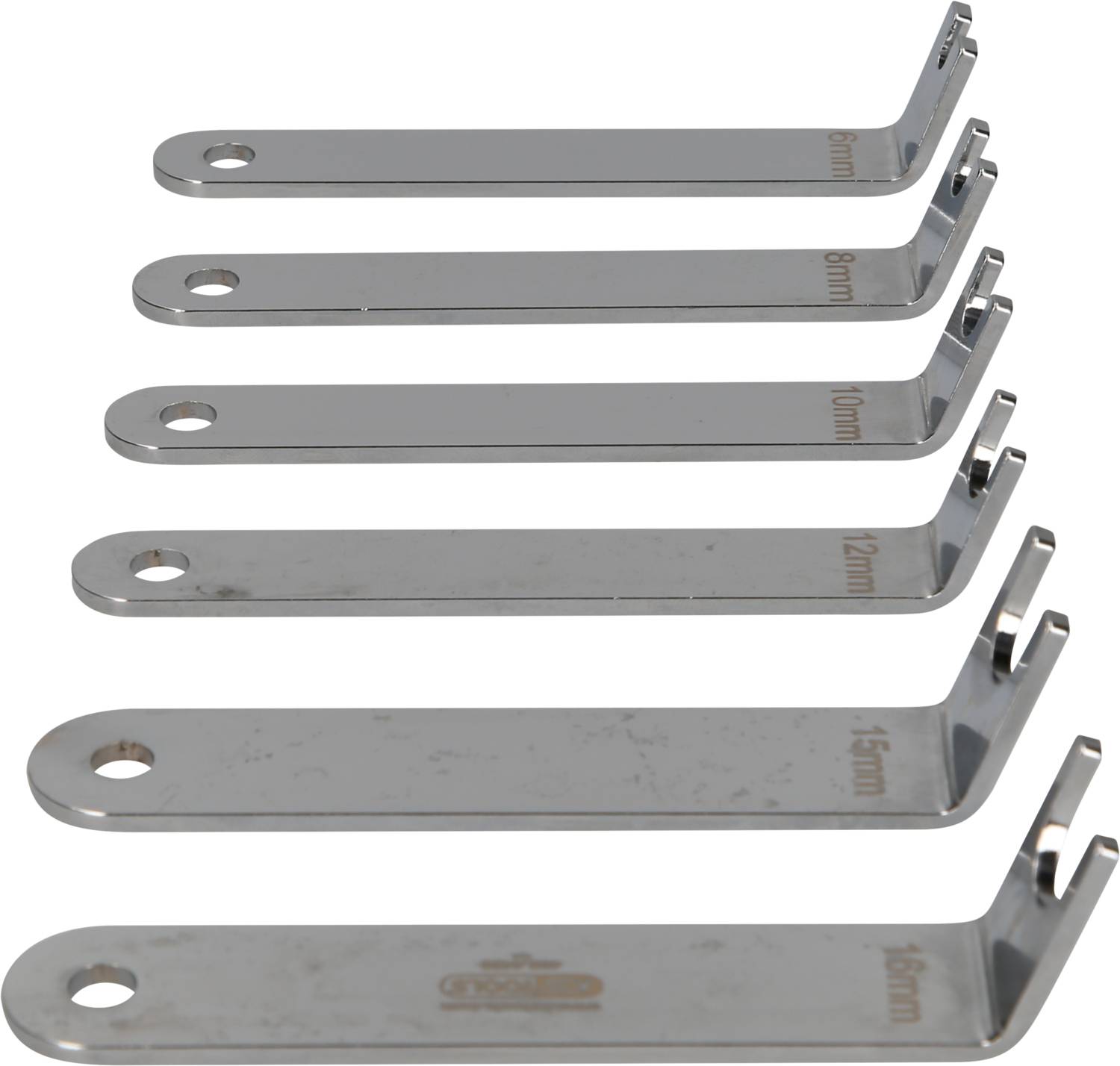 Sześć chromowanych kluczy płaskich o różnych rozmiarach, ułożonych od najmniejszego do największego, z oznaczeniami ich wielkości w milimetrach.