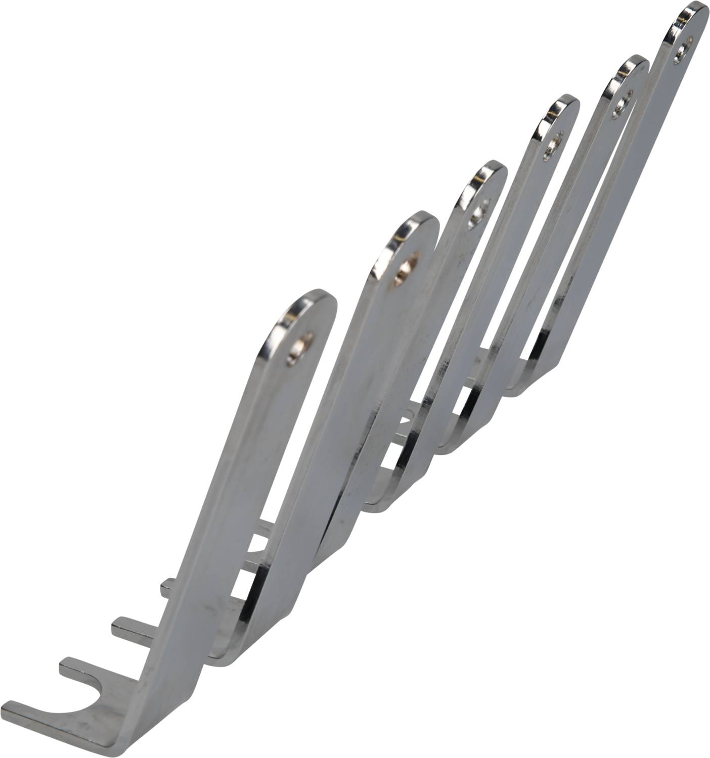 Pięć równoległych, zakrzywionych szyn metalowych w konstrukcji.