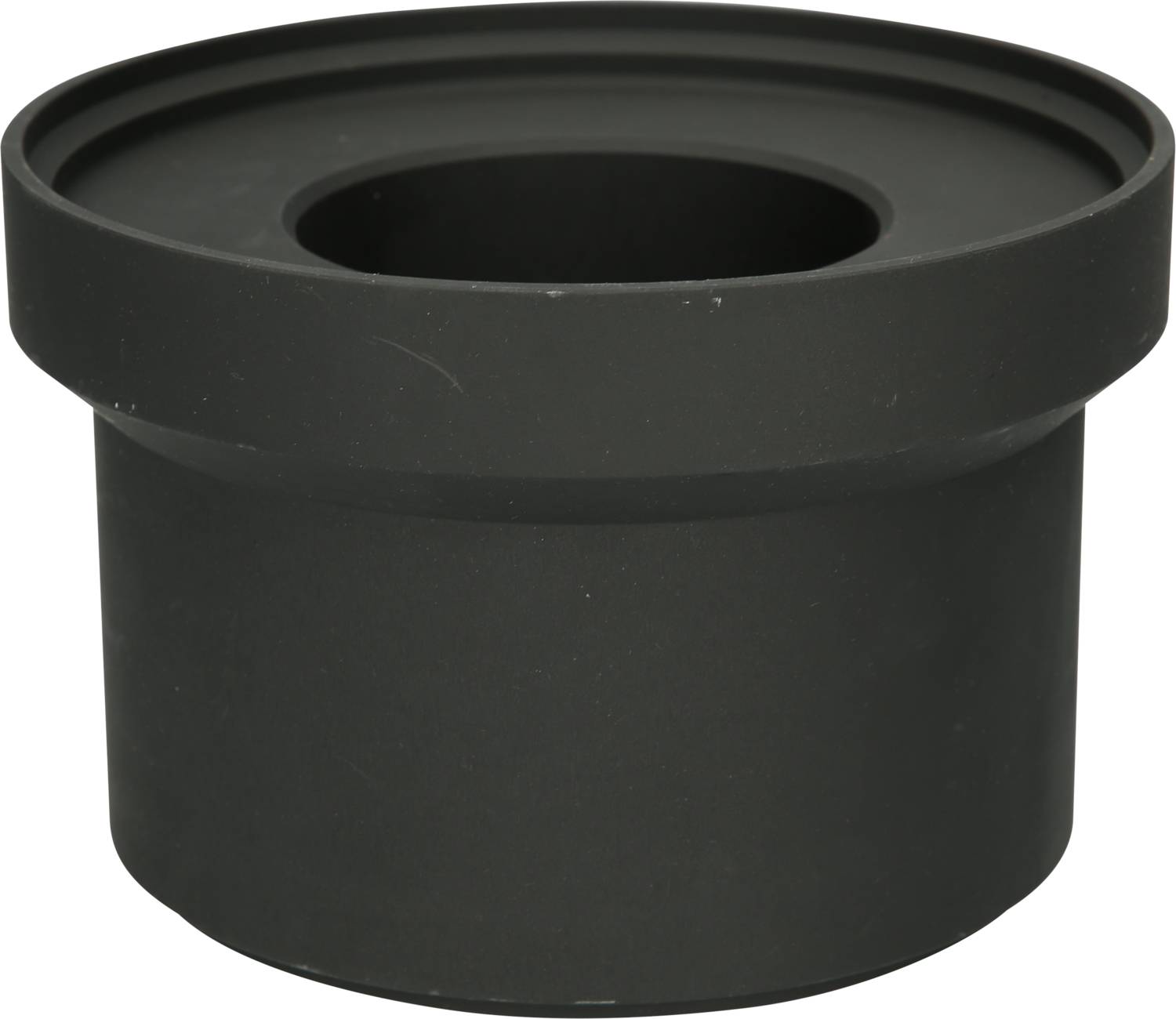 Czarny, cylindryczny element z szerokim kołnierzem i centralnym otworem, prawdopodobnie adapter lub uszczelnienie.