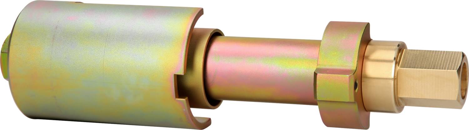 Metalowy element mocujący o cylindrycznym kształcie i gwincie gwintowanym, częściowo brunowany, przeznaczony do zastosowań przemysłowych lub rzemieślniczych.