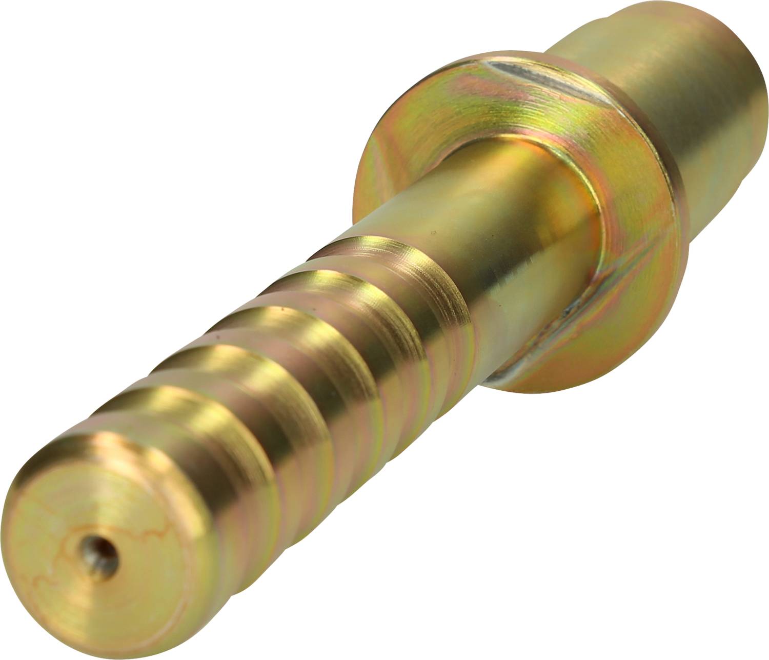 Cylindryczny element metalowy, błyszczący i pokryty rowkami na powierzchni. Posiada pierścieniowaty kołnierz przypominający kołnierz w pobliżu środka.