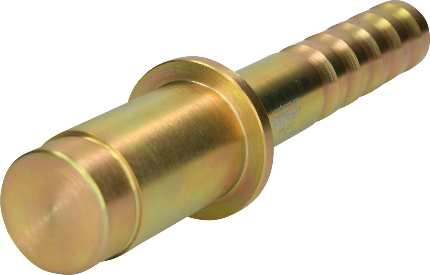 Mosiężny, metaliczny złącz przewodu o wielu rowkach i kołnierzu pośrodku.