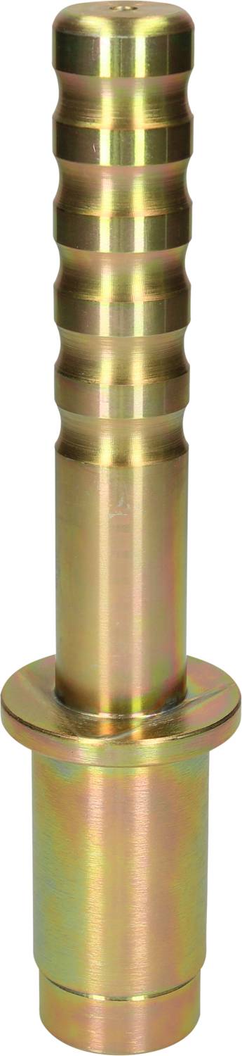 Metalowy złącz wężowy z żebrowanym króćcem i płaską podstawą, odpowiedni do zastosowań przemysłowych.