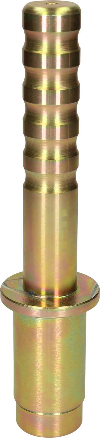 Metalowy element łączący z karbowanym końcem i gładką podstawą, prawdopodobnie stosowany do mocowania lub w budowie maszyn.