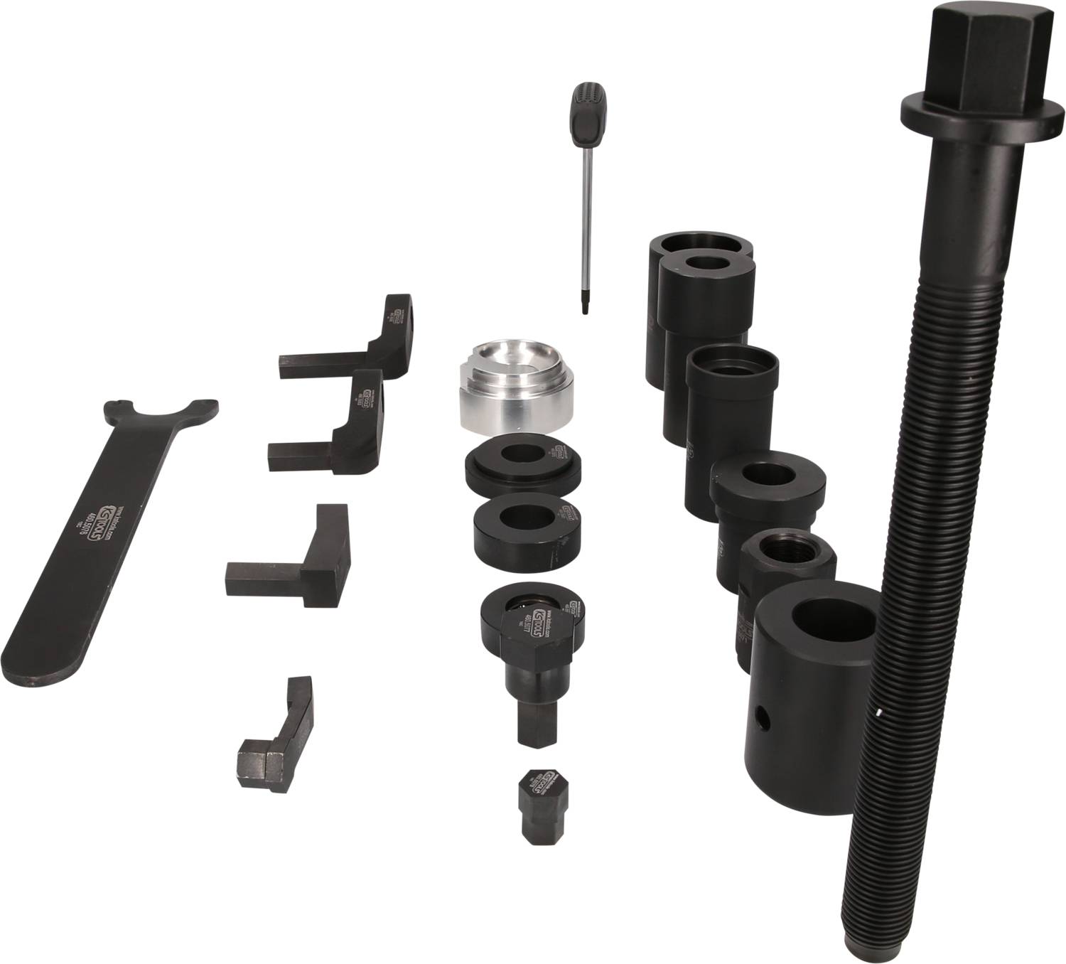 Zestaw narzędzi do demontażu i montażu łożysk, składający się z różnych czarnych elementów metalowych oraz klucza do śrub.