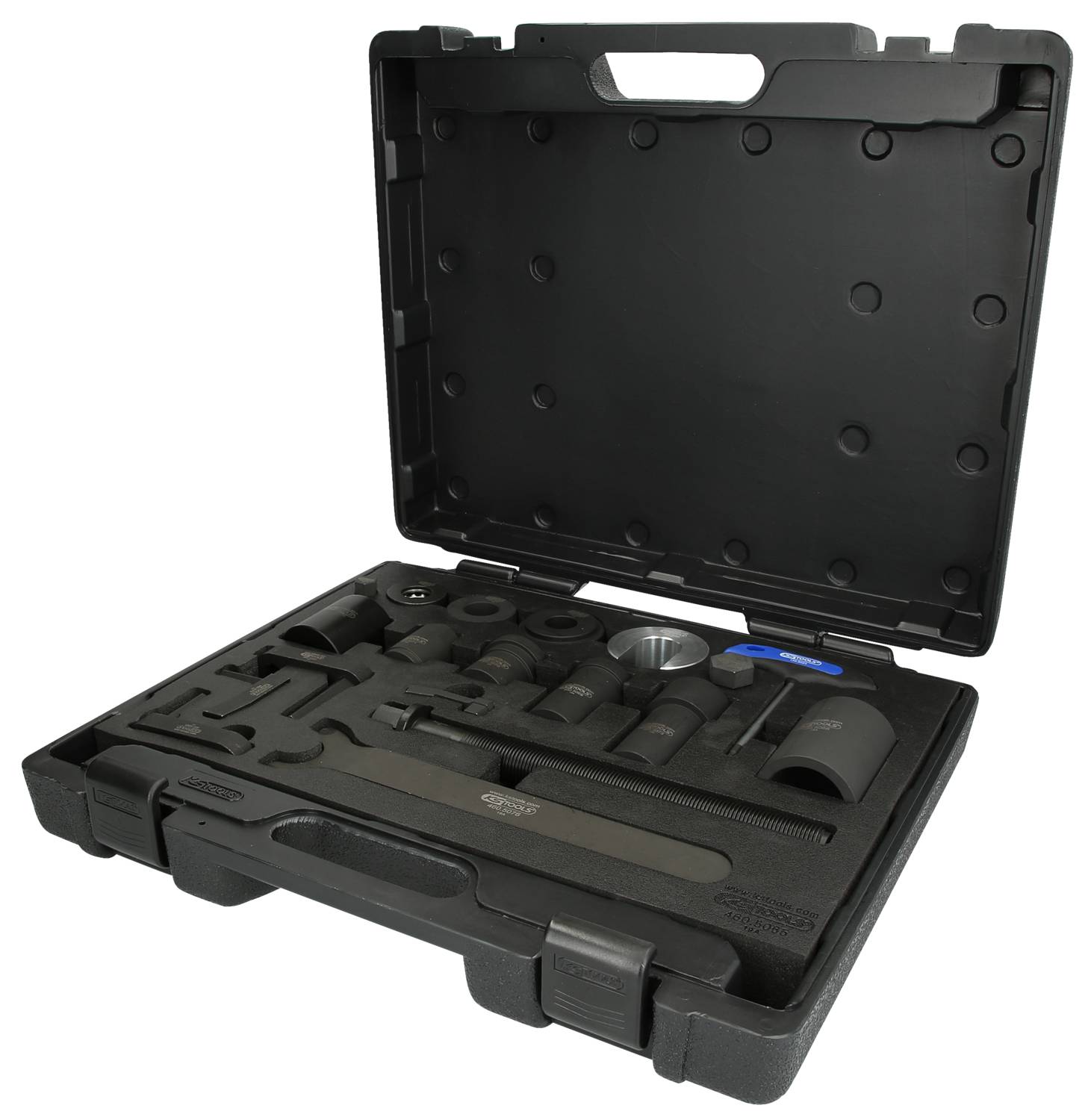 Otwarty czarny kufer z narzędziami, w którym różne precyzyjnie ułożone narzędzia są przeznaczone do konkretnych zastosowań mechanicznych.