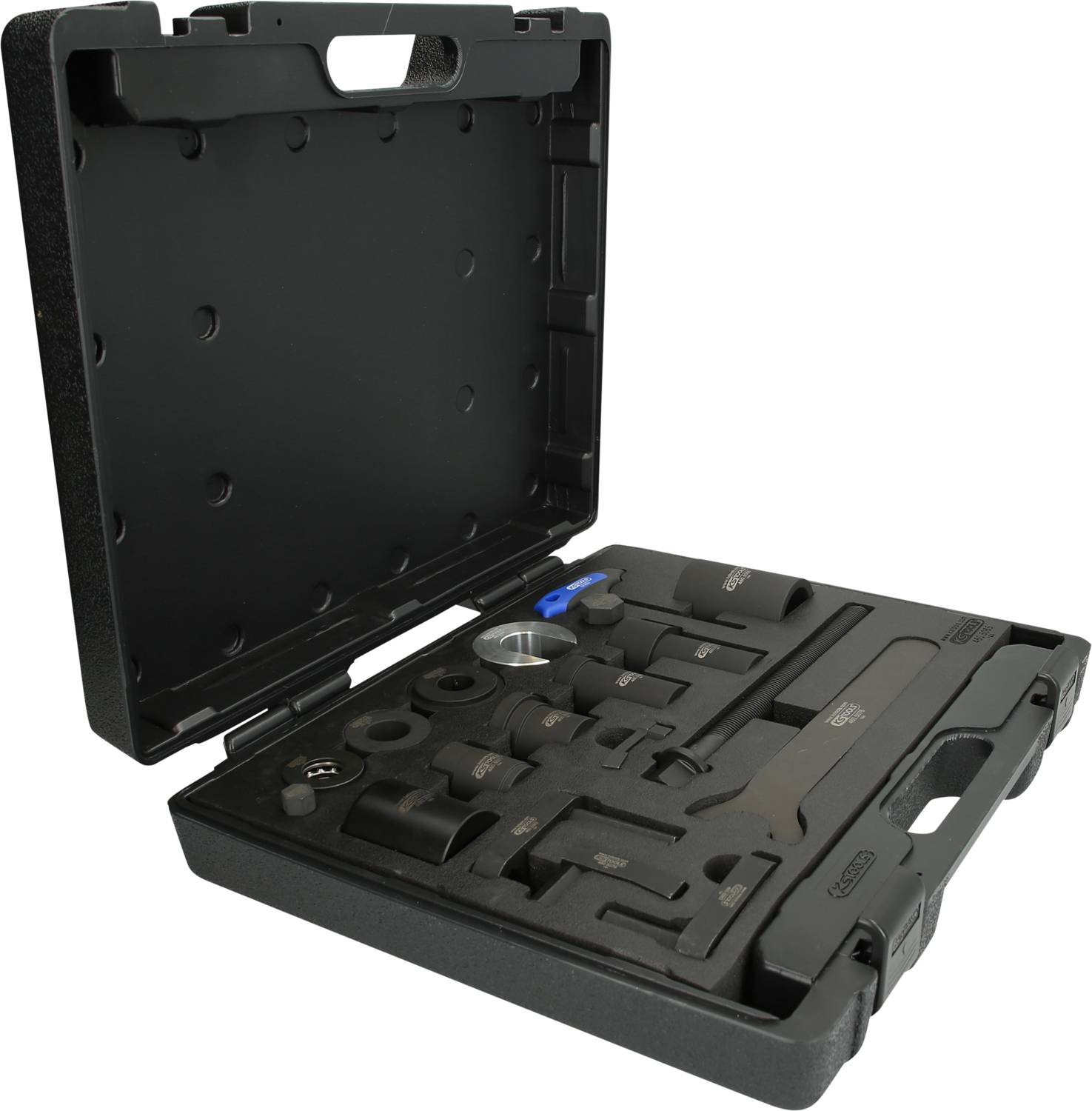 Skrzynka narzędziowa z otwartą pokrywą, prezentująca różne wyspecjalizowane narzędzia i akcesoria ułożone w sposób schludny we wnętrzu.