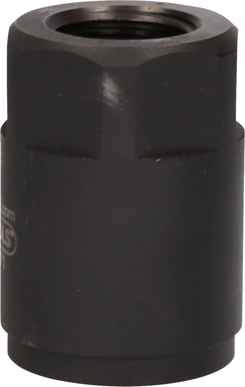 Czarna nakrętka metalowa o gładkiej powierzchni i sześciokątnym kształcie, stosowana do przemysłowych zastosowań mocujących.