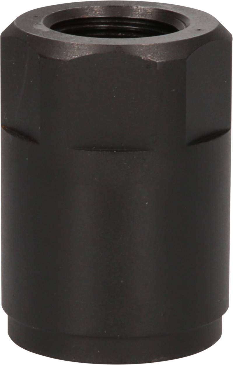 Czarna metalowa część, cylindryczna z sześciokątną górną powierzchnią, prawdopodobnie element wyposażenia maszyny lub narzędzia.