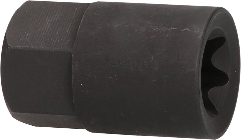 Czarny nasadowy klucz nasadzany o sześciokątnej powierzchni zewnętrznej i zaokrąglonej formie wewnętrznej, przydatny do odkręcania śrub.