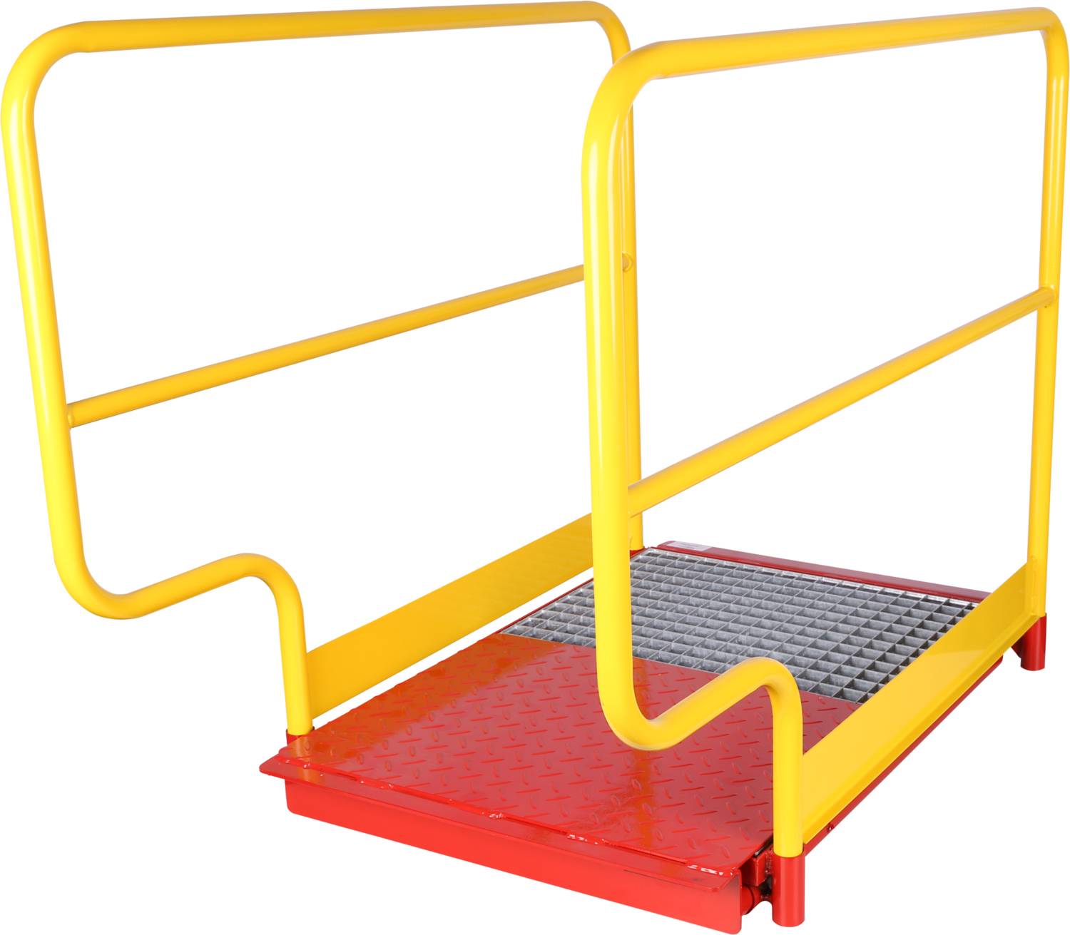 Żółta platforma bezpieczeństwa z czerwoną podłogą, przeznaczona do środowisk przemysłowych. Wyposażona w barierki zapewniające stabilne i bezpieczne stanowisko.