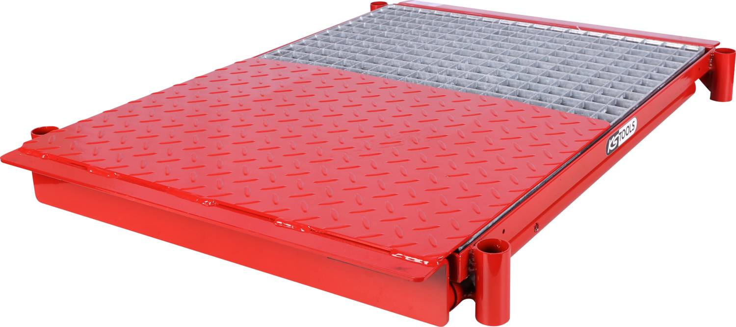 Prostopadłościenna, szara wannna wychwytowa z antypoślizgową, metalową kratą, przeznaczona do przemysłowych zastosowań związanych z bezpieczeństwem.