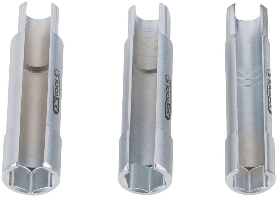 Trzy srebrne sześciokątne bity w różnych kątach, każdy z górnym wcięciem. Odpowiednie do połączeń śrubowych.