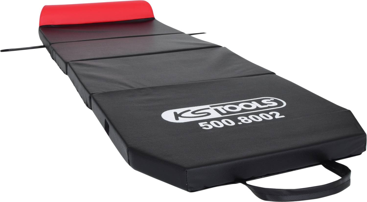 Czarna składana leżanka warsztatowa z czerwoną częścią na głowę, uchwytami do przenoszenia i napisem 'KS Tools 500.8002'.