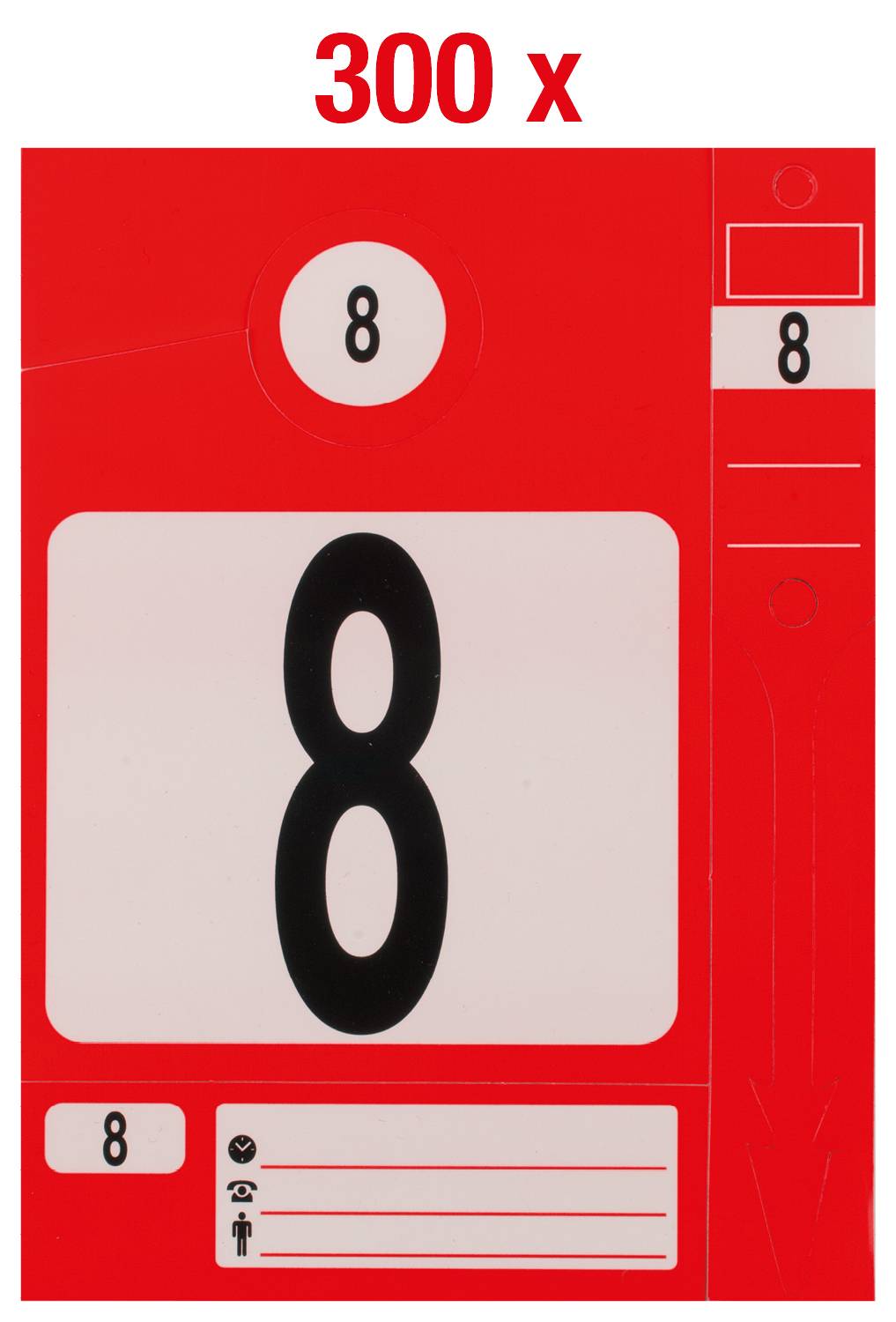 Czerwona karta z dużym czarnym numerem '8', poniżej symbol postaci ludzkiej, obok symbol skanera.