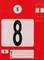 Czerwona tabliczka przystankowa z dużą czarną cyfrą '8' pośrodku, otoczona mniejszymi cyframi '8' i schematycznymi symbolami u dołu.