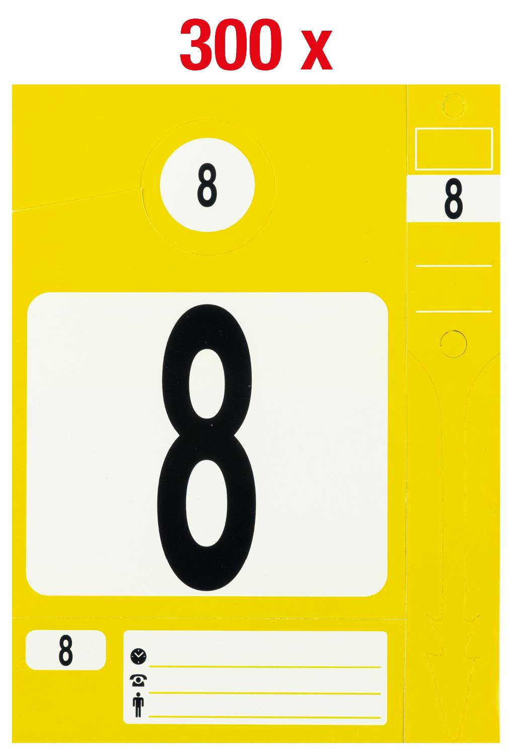 Żółta tablica z czarną cyfrą '8', polami kwadratowymi i prostokątnymi, czerwonym napisem '300 x' u góry pośrodku.