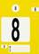 Żółta tabliczka identyfikacyjna taksówki z numerem '8' w kolorze czarnym na białym tle. Posiada miejsce na dodatkowe informacje.