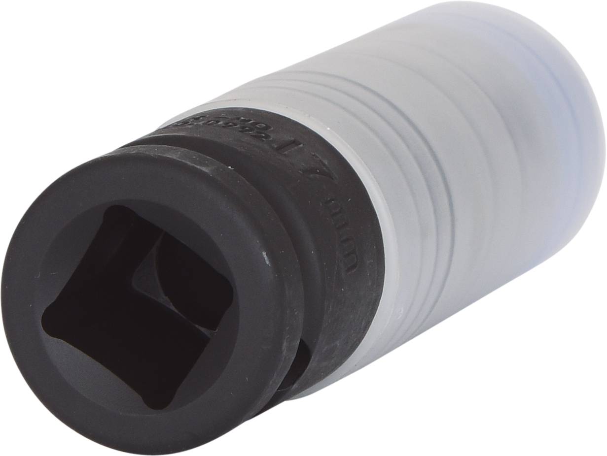 Srebrny klucz nasadowy z czarną plastikową osłoną i kwadratowym otworem. Używany do odkręcania nakrętek.