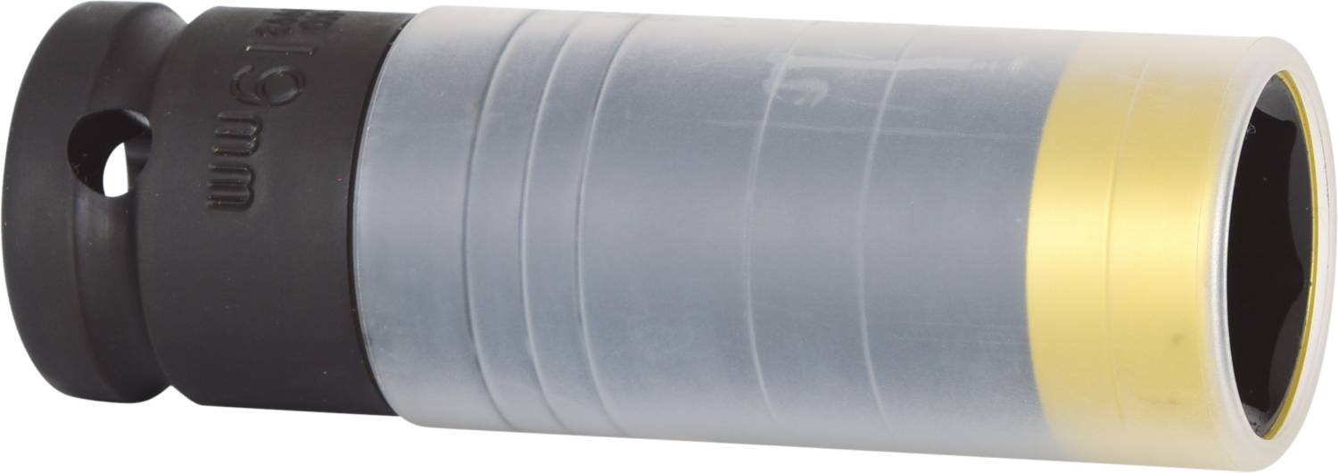 Szara nakrętka zabezpieczająca z plastikową osłoną i żółtym pierścieniem, specjalnie zaprojektowana do stosowania w felgach aluminiowych, leży poziomo.