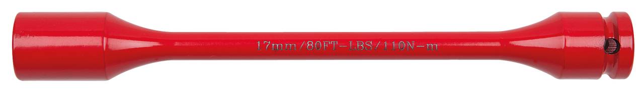 Czerwone narzędzie, prawdopodobnie klucz nasadowy. Napis: '17 mm (3/8'') - USA/110 Nm'.