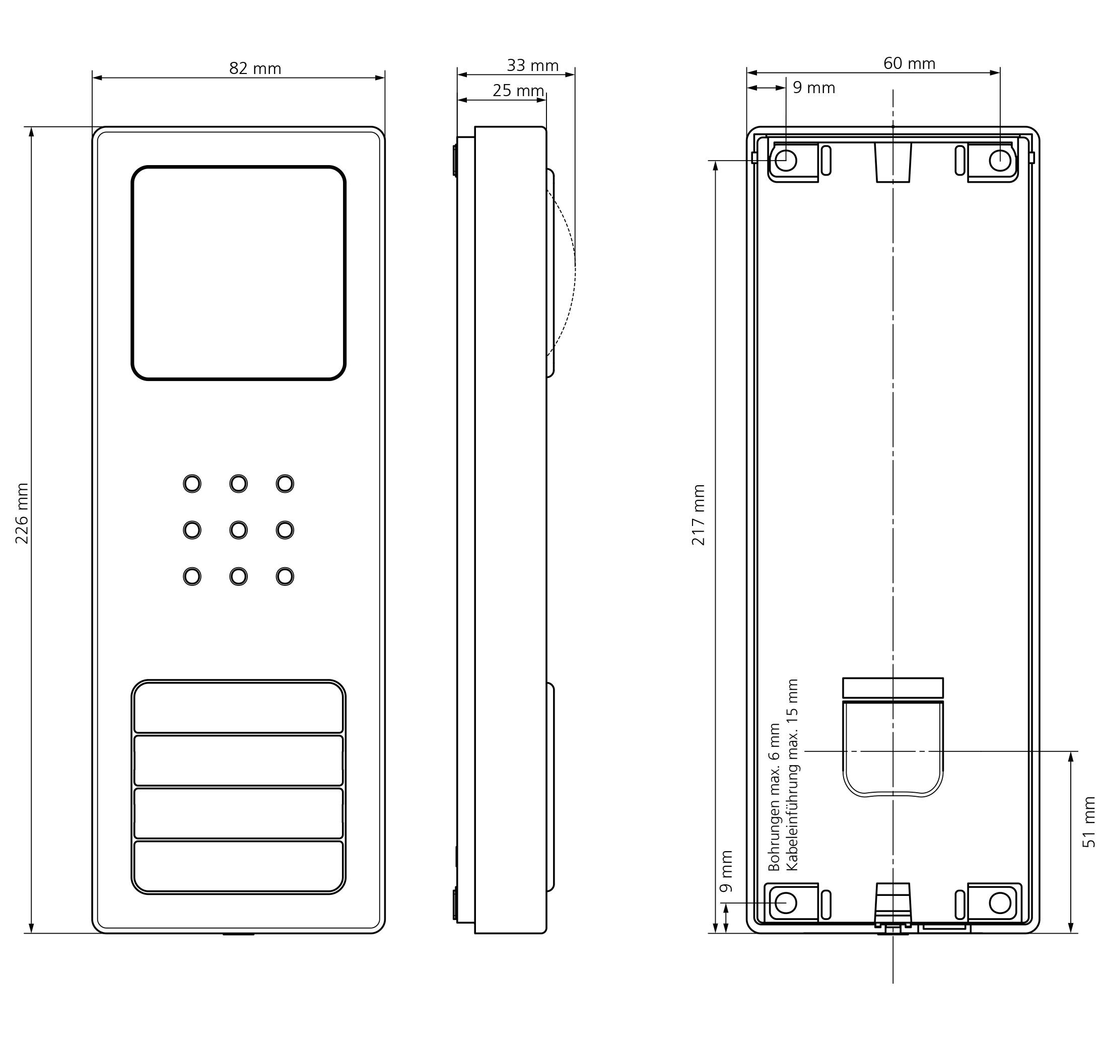 Rysunek techniczny urządzenia elektronicznego z wymiarami. Widok z przodu przedstawia przyciski i głośniki, widok z boku ukazuje głębokość.