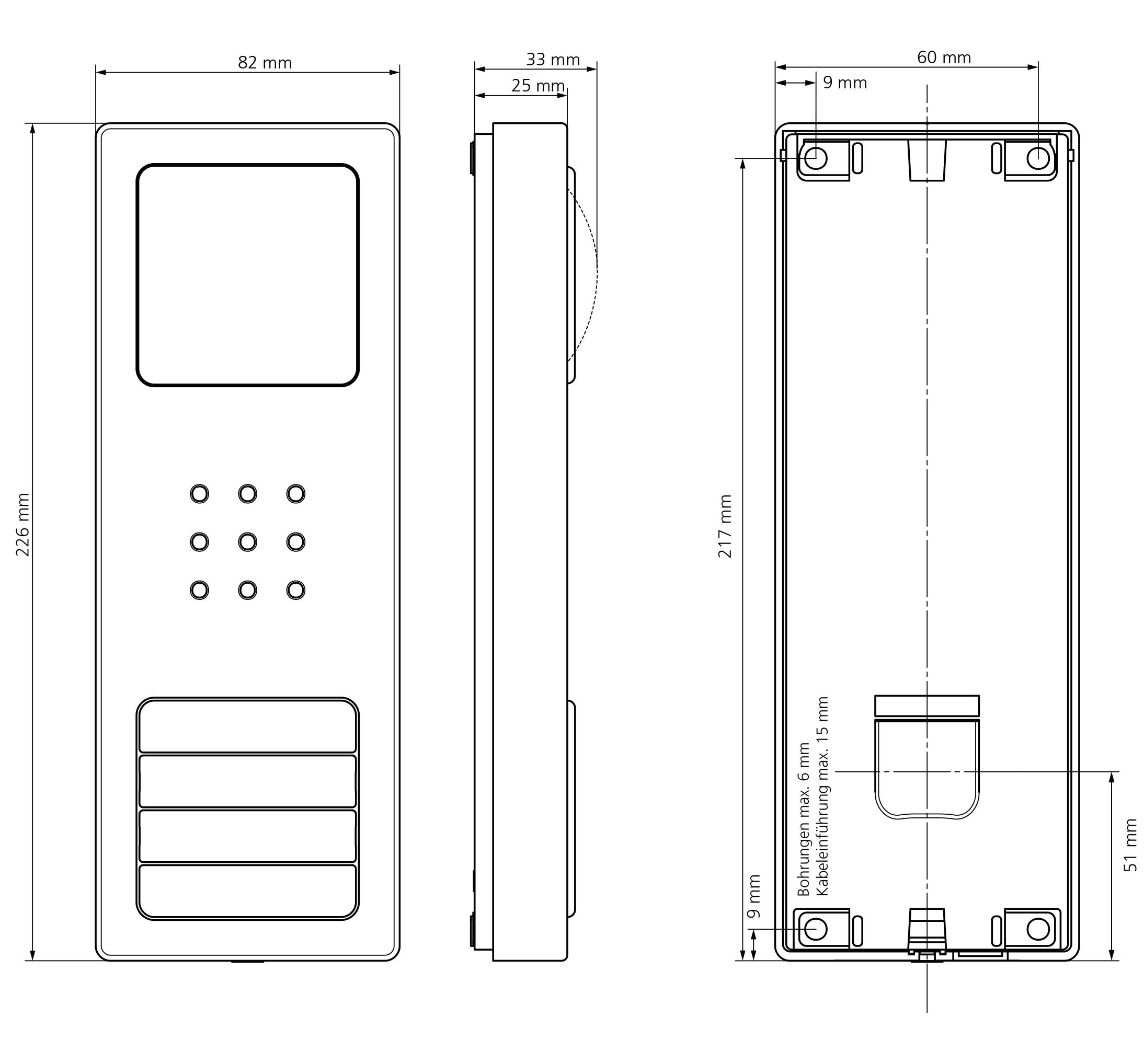 Rysunek techniczny prostokątnego urządzenia w widoku z przodu i z boku z wymiarami w milimetrach.