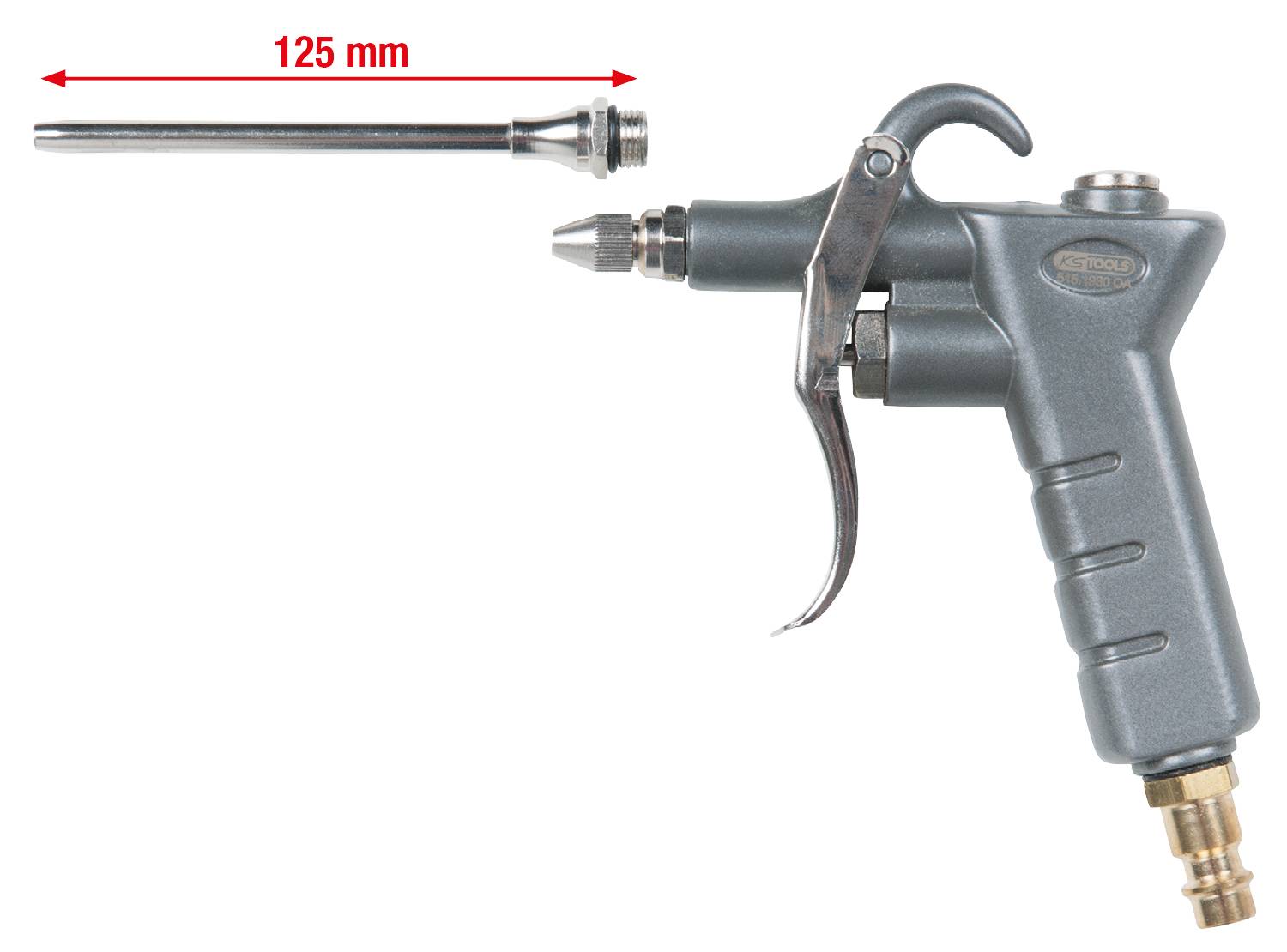 'Pistolet pneumatyczny z wymiennym przedłużaczem, długość przedłużacza 125 mm, rękojeść z dźwignią spustową.'