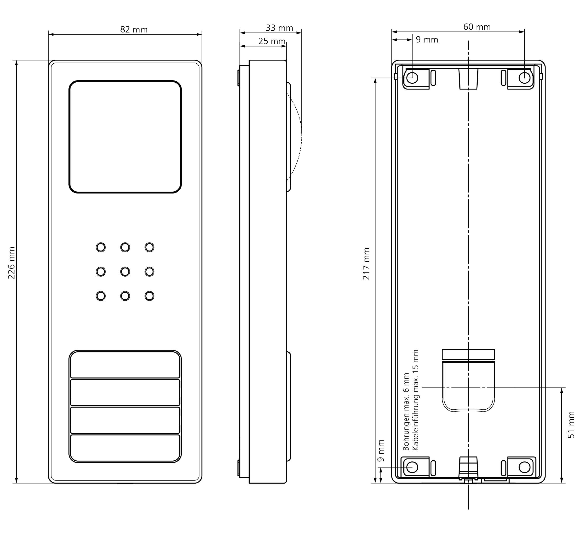 Dwa techniczne rysunki prostokątnego domofonu z wymiarami w milimetrach. Widok z przodu przedstawia otwory głośnika i przyciski, widok z boku ukazuje smukły profil.