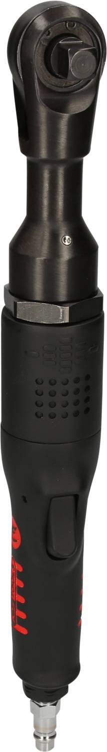 Pneumatyczne narzędzie z długą, smukłą czarną rękojeścią i metalową głowicą. Odpowiednie do prac naprawczych i montażowych.