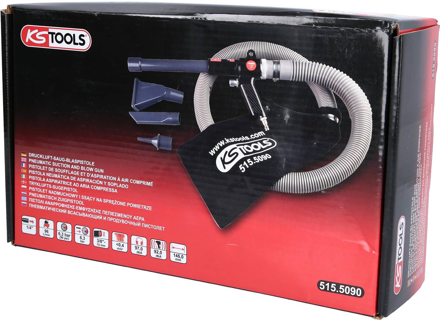 Pistolet do przedmuchiwania KS Tools z akcesoriami, w tym różnymi dyszami i wężem, przedstawiony na opakowaniu produktu.