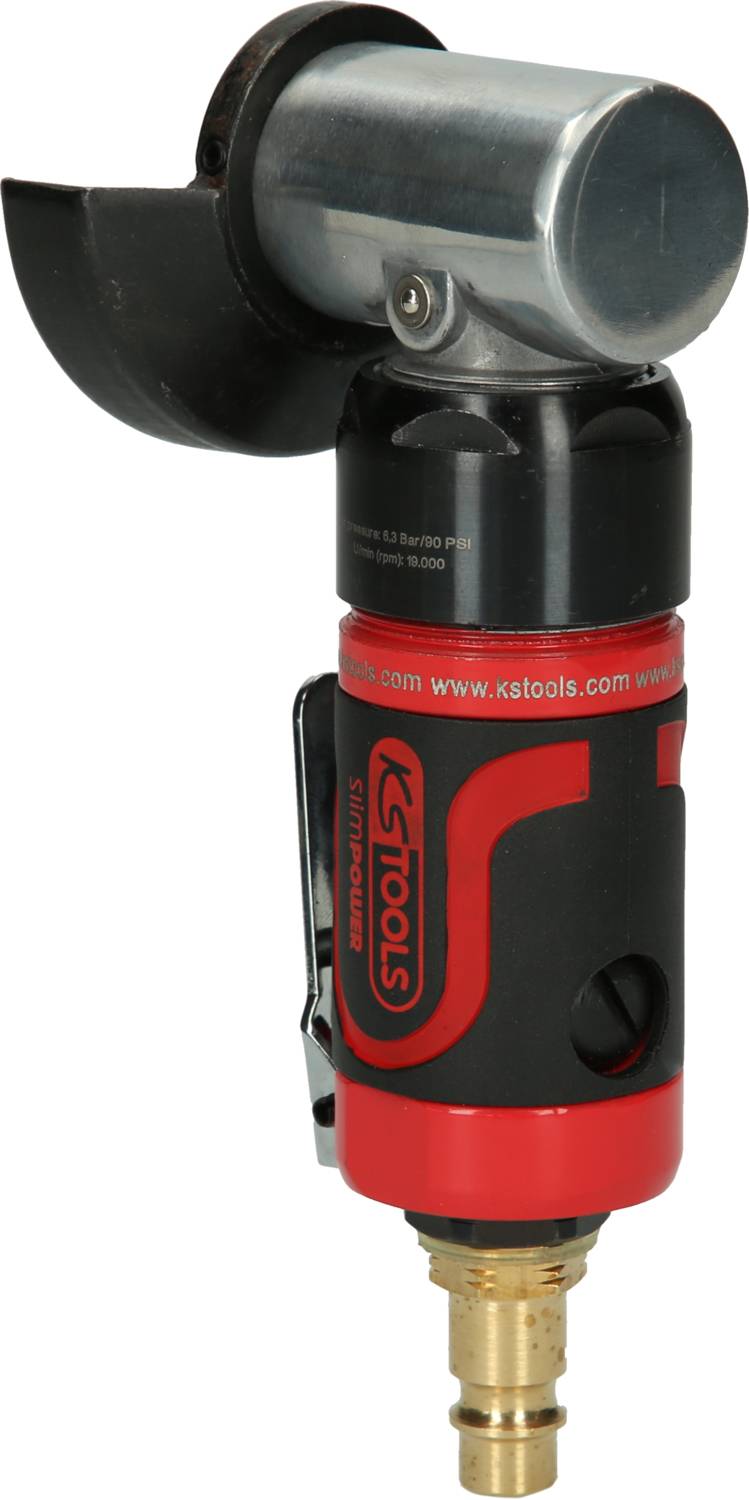 Czerwone narzędzie pneumatyczne z czarną rękojeścią, srebrną głowicą i osłoną ochronną. Używane do szlifowania lub cięcia.