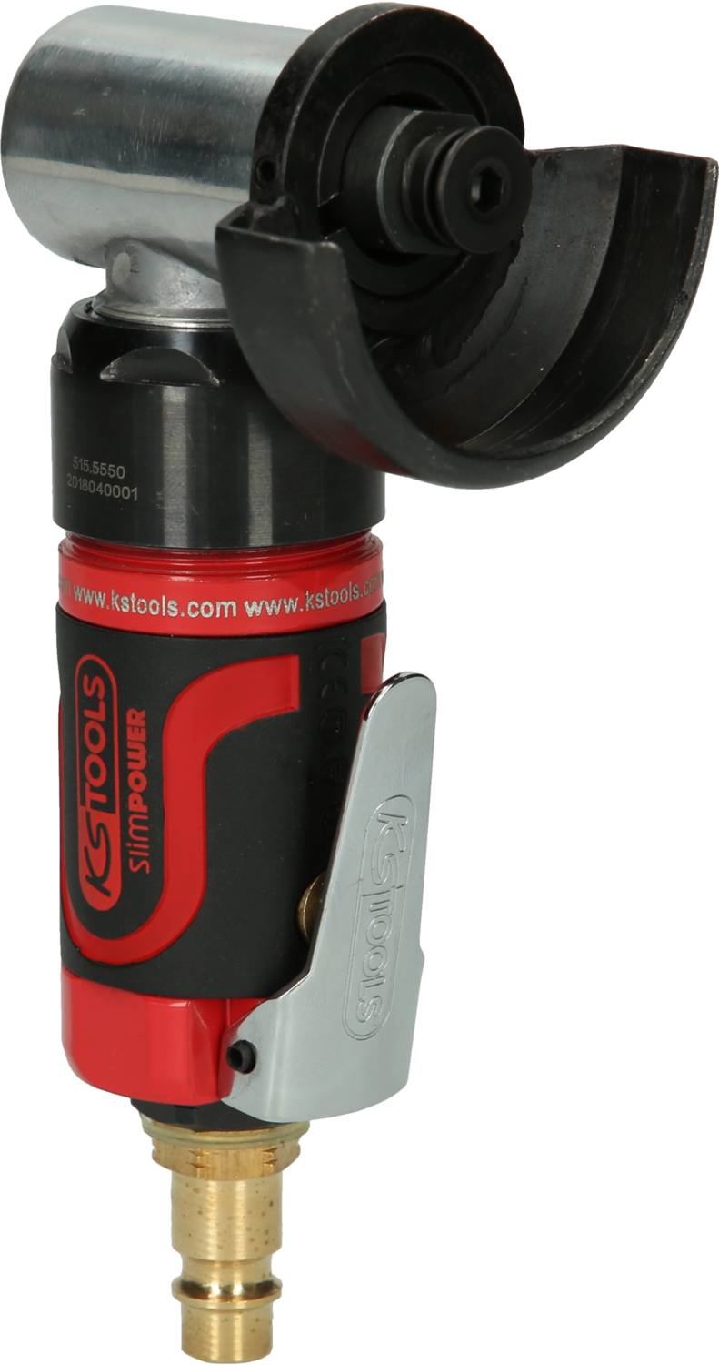 Szlifierka kątowa z czerwono-czarną obudową, srebrną osłoną i żółtym przyłączem. Używana do szlifowania i cięcia materiałów.