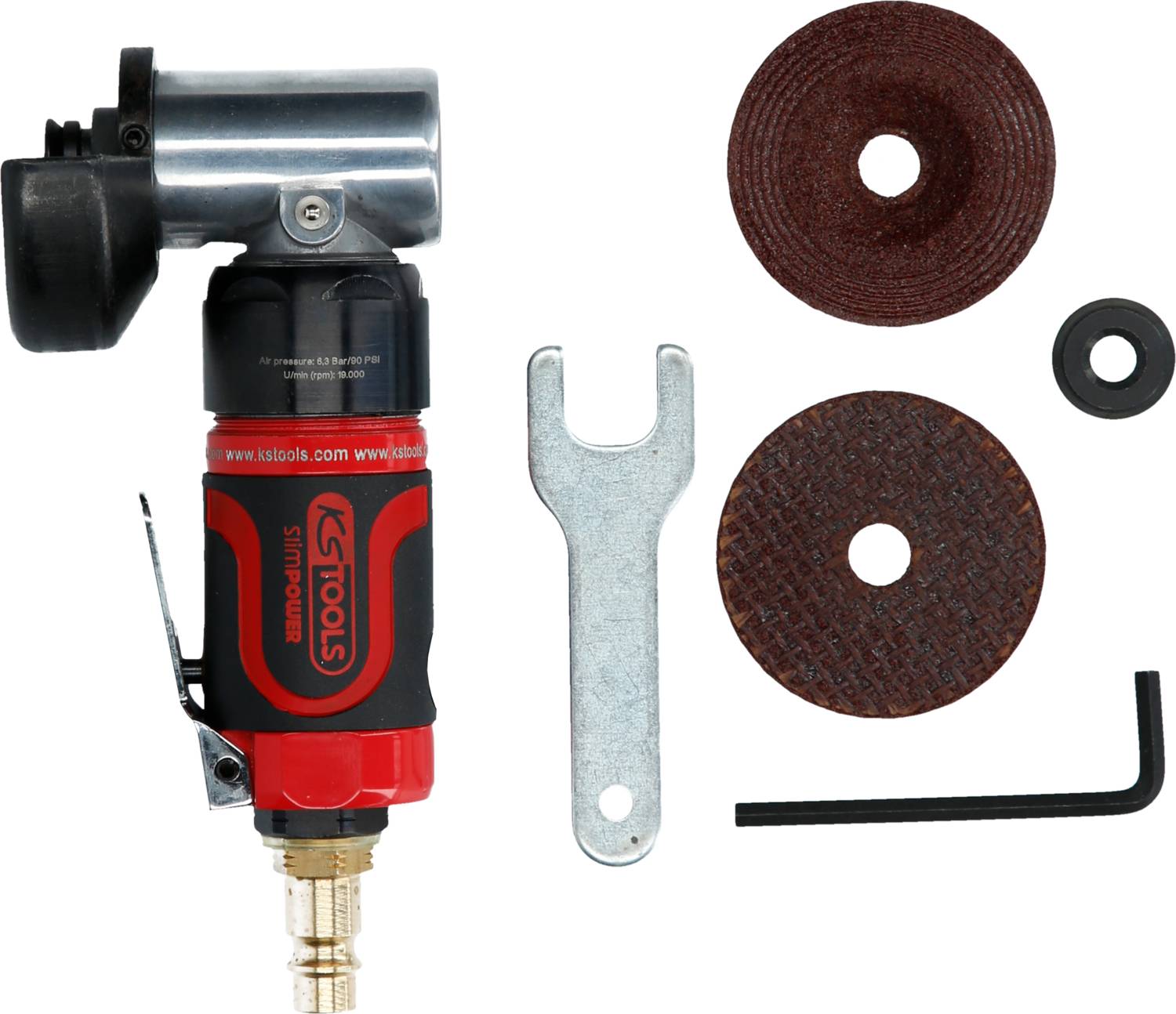 Szlifierka pneumatyczna z czerwonym uchwytem leży obok czterech tarcz szlifierskich, srebrnego klucza płaskiego i czarnego klucza imbusowego.