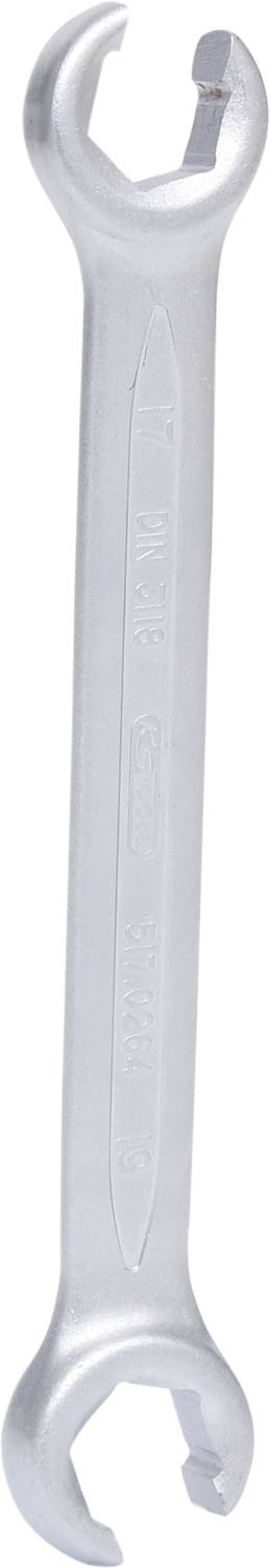 Srebrny klucz płaski z dwoma otwartymi końcówkami, przeznaczony do odkręcania i dokręcania śrub oraz nakrętek.