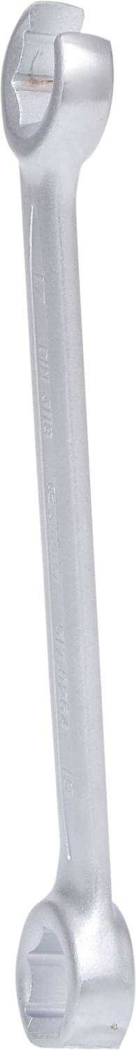 Srebrny klucz nastawny, wyposażony na obu końcach w szczękę otwartą i zamkniętą.