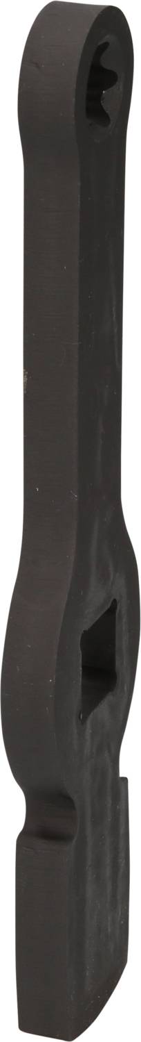 Czarne narzędzie metalowe z kwadratowym otworem pośrodku, prawdopodobnie przeznaczone do mocowania lub obracania śrub lub nakrętek.