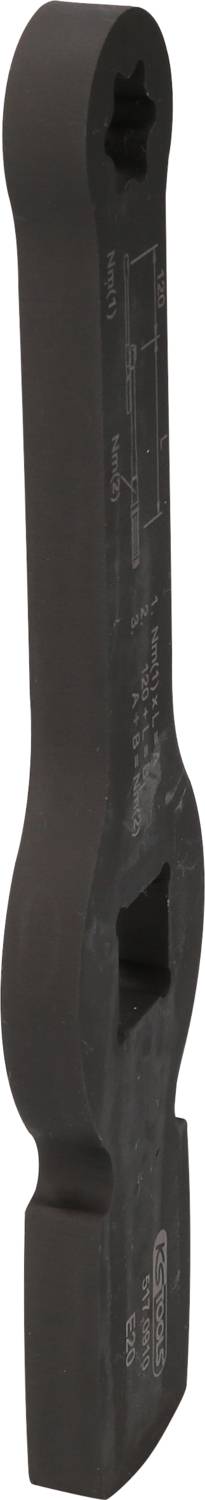 Czarny klucz kombinowany z dwoma końcówkami o różnych rozmiarach, odpowiedni do śrub zabezpieczających i zastosowań uniwersalnych.