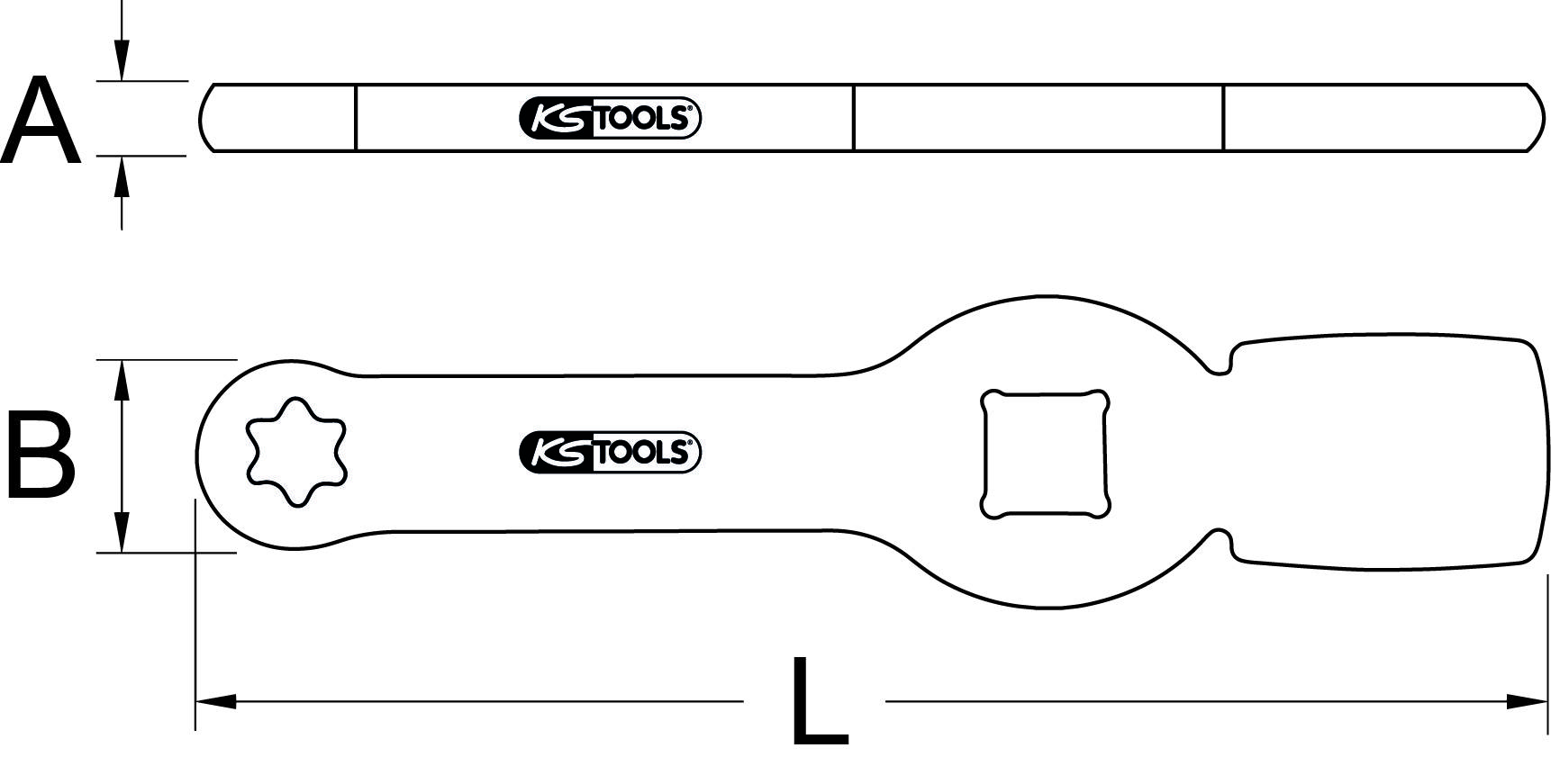 'Rysunek techniczny klucza oczkowego firmy KS Tools: Widok z boku (A) przedstawia smukłą formę pręta, widok z góry (B) ukazuje profil z kwadratowym i gwiazdkowym zakończeniem, długość (L) oznaczona.'