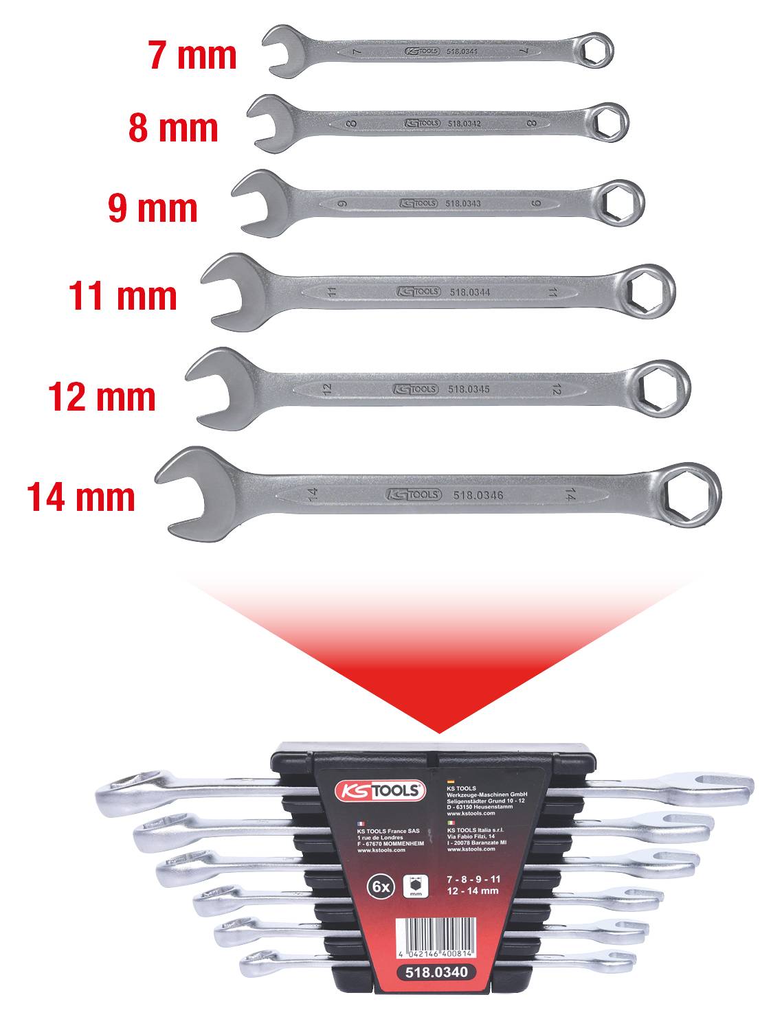 Zestaw sześciu kluczy płaskich o rozmiarach od 7 mm do 14 mm, wszystkie prezentowane na jednym uchwycie. Oznaczenie: KS Tools.