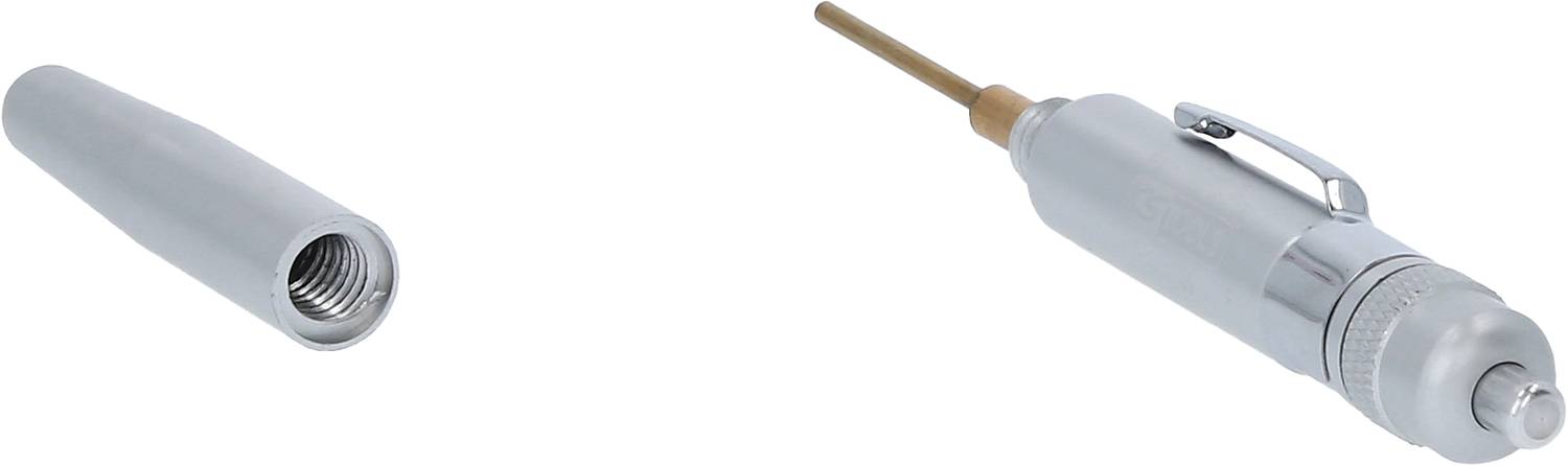 Dwie srebrne metalowe części narzędzia, po lewej stronie nakładka z gwintem, po prawej długi element z uchwytem i ostrokończonym końcem.