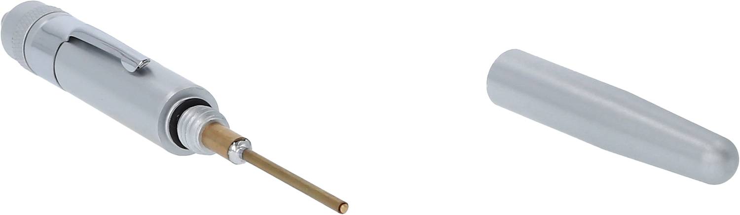 Wysunięty pisak rakietowy z srebrną obudową i zdejmowalnym kołpakiem, na białym tle.