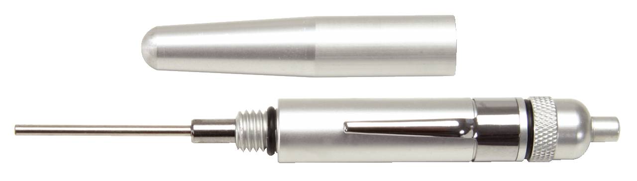 Srebrne precyzyjne narzędzie z zdejmowaną pokrywką, przedstawiające długi, cienki czubek oraz mechanizm obrotowy.