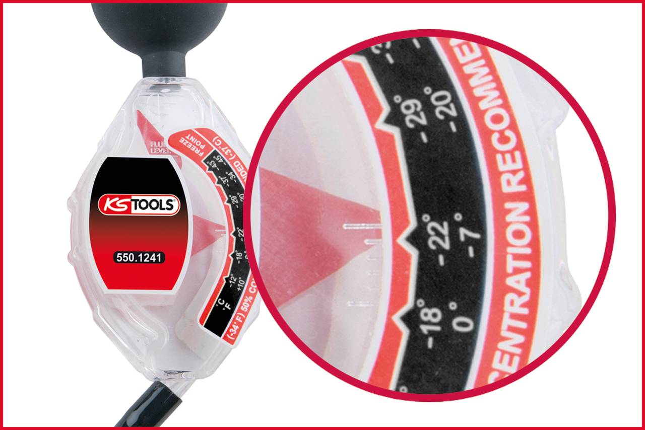 Urządzenie do sprawdzania chłodnicy samochodu wyświetla temperatury od -37 do 0 stopni Celsjusza. Zakres powiększenia jest podkreślony na skali.