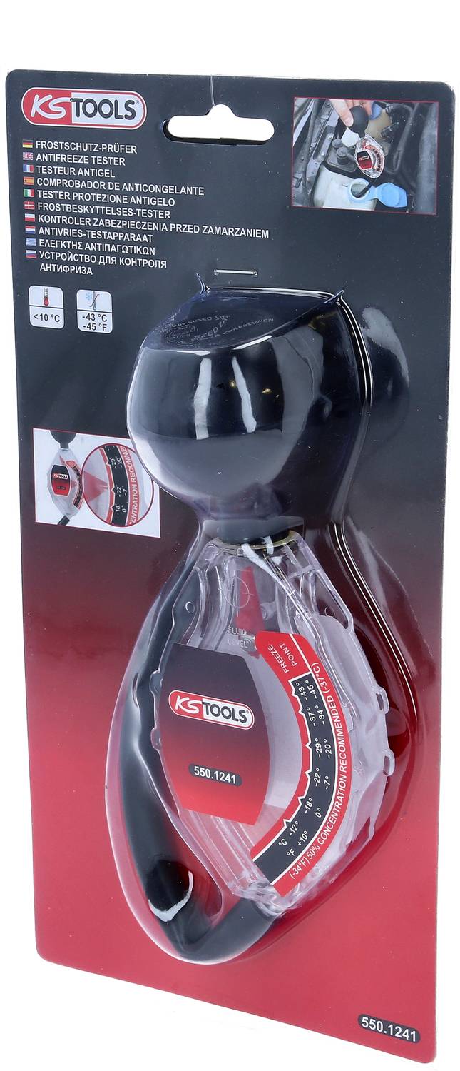 Opakowanie miernika płynu przeciwmrozowego marki KS Tools, przedstawiające produkt ze skalą i przykładem użycia na górnym zdjęciu.