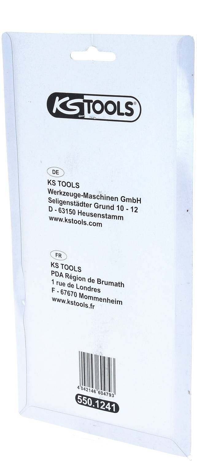 Opakowanie marki 'KS TOOLS' z informacjami kontaktowymi w języku niemieckim i francuskim. Zawiera kod EAN i numer produktu 550.1241.