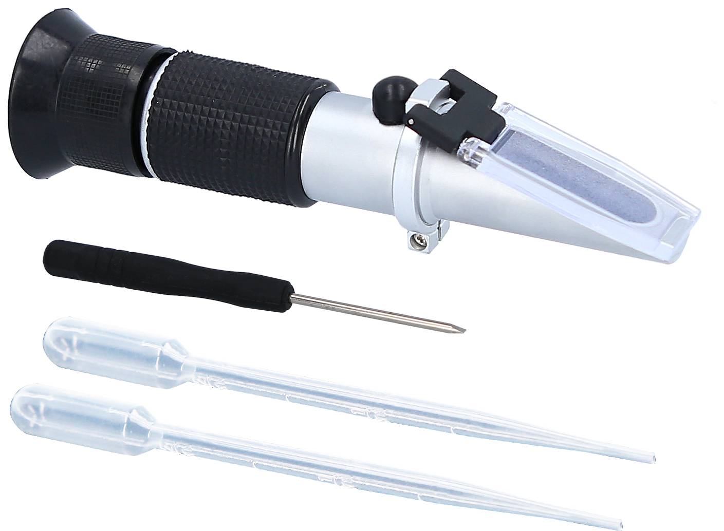 Ręczny refraktometr z pipetami i śrubokrętem. Służy do pomiaru współczynnika refrakcji w cieczach.