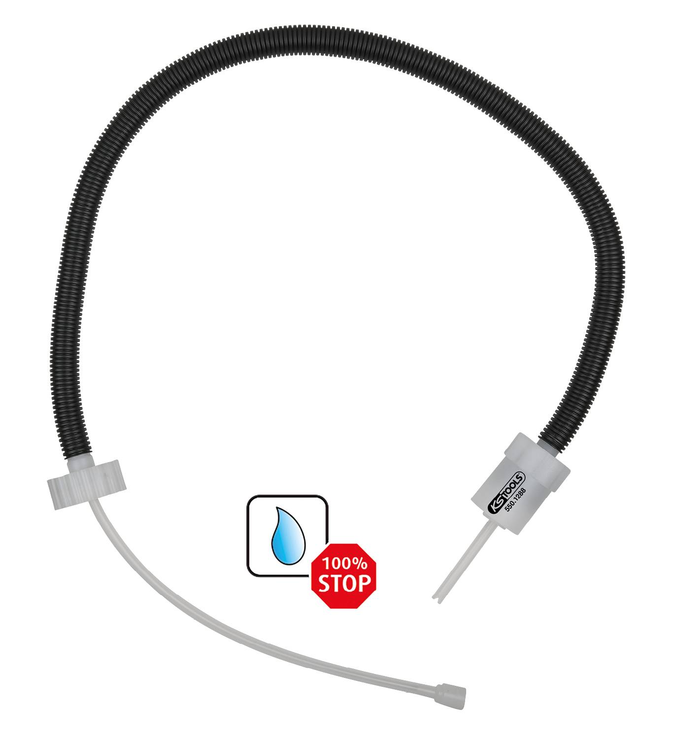 Czarny, elastyczny wąż z białym złączem i symbolem 100% zatrzymania z kroplą wody. Ten wąż zapobiega wyciekom wody.