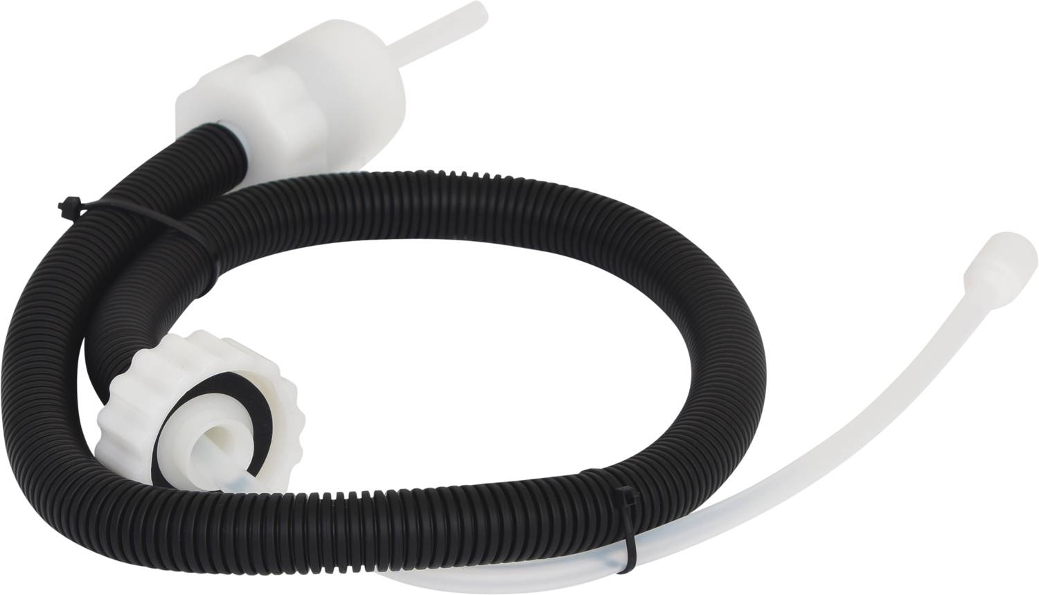 Czarny elastyczny wąż z białym złączem, prawdopodobnie przeznaczony do użytku w kontekście technicznym lub przemysłowym.