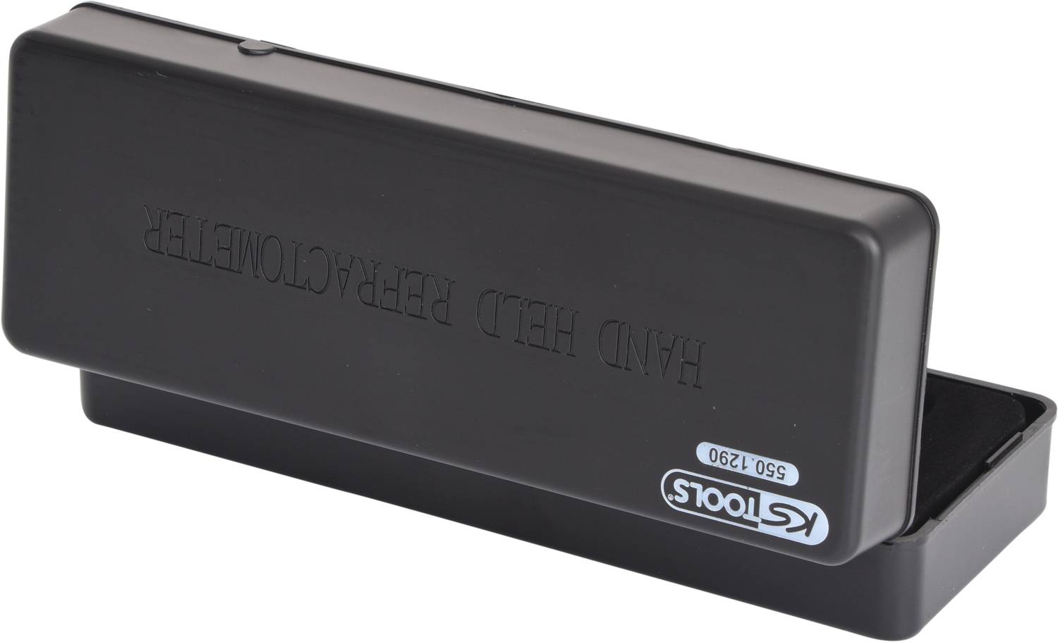 Czarne etui z tworzywa sztucznego z nadrukiem 'KS Tools', zawierające częściowo otwarte ręczne refraktometr model 550.1290.
